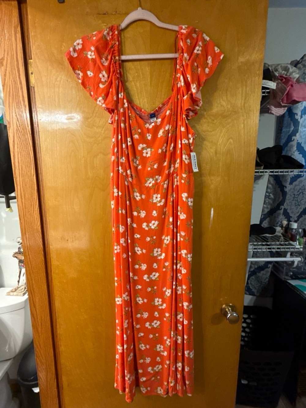 Old Navy Bright Orange Floral Midi Dress with Flutter Sleeves